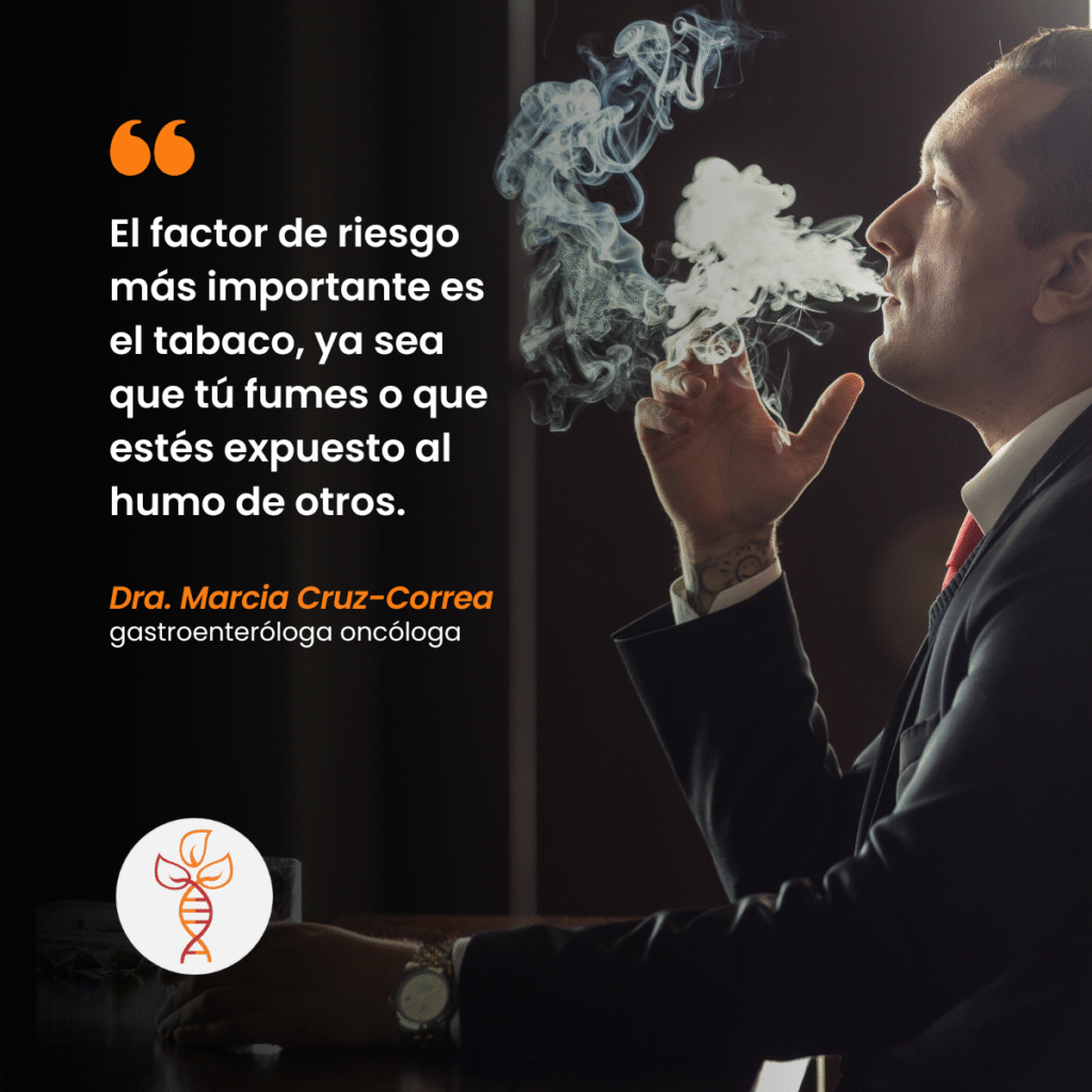 El factor de riesgo más importante para desarrollar cáncer de pulmón es el tabaco, ya sea que fumes directamente o que estés expuesto al humo de otros (fumador pasivo).